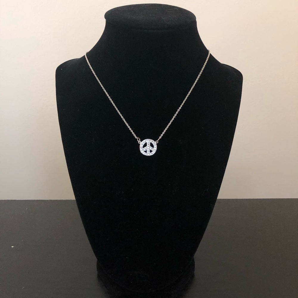 Silver peace sign crystal rhinestones necklace